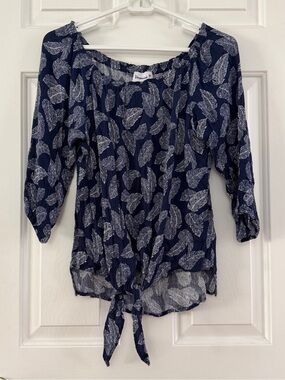 Veronica M Navy & White Feather 3/4 Sleeve Blouse, Tie Front